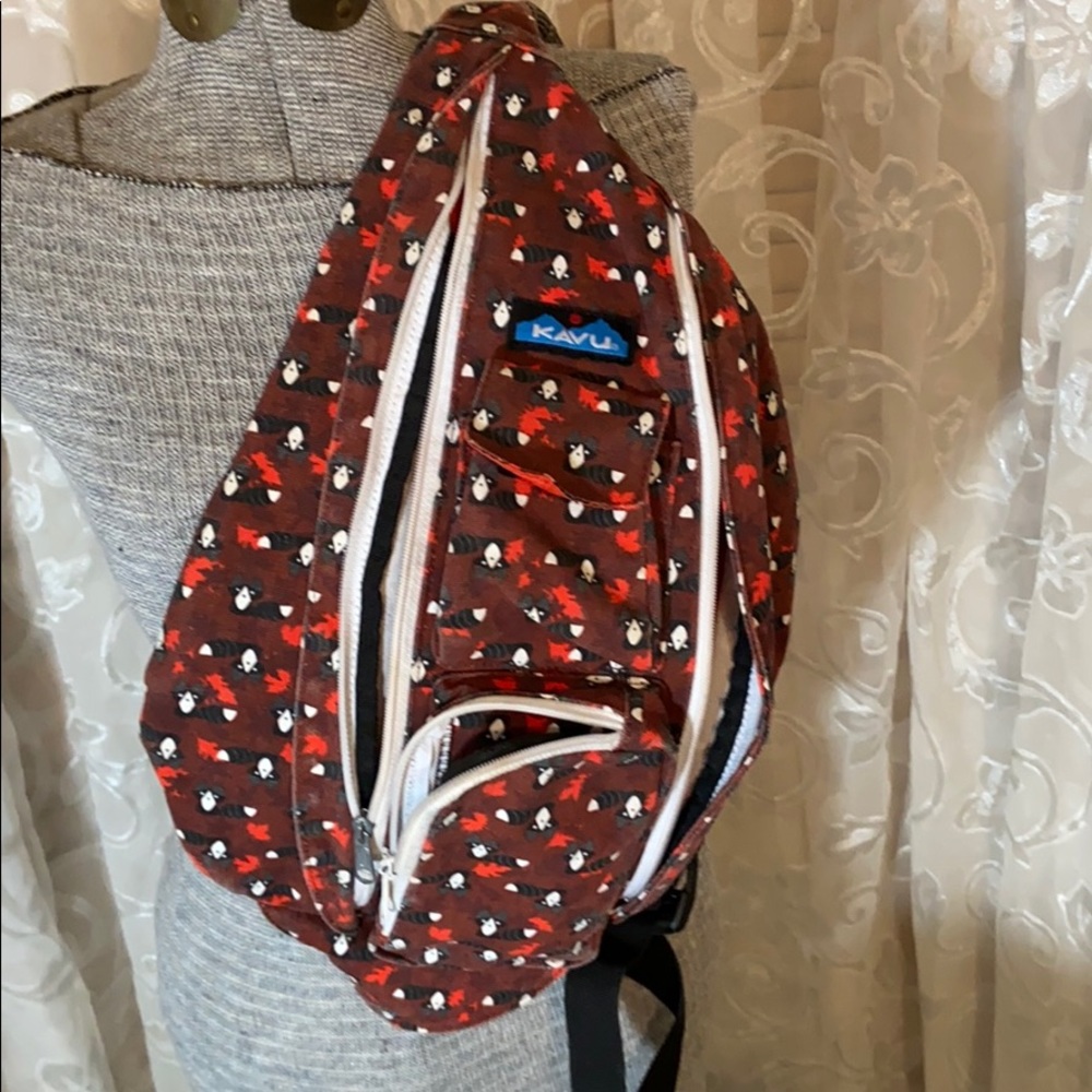 Kavu Brown Sling Backpack with Red and White Accents